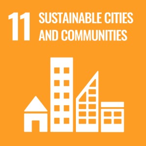 UN Sustainable Development Goal 11: Sustainable Cities and Communities, represented by buildings on an orange background